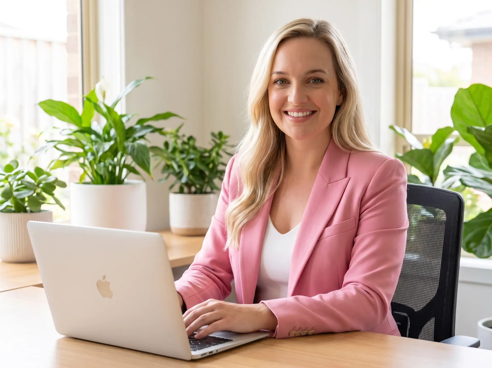 Jeska, founder of Journey with Jeska, smiling at her desk